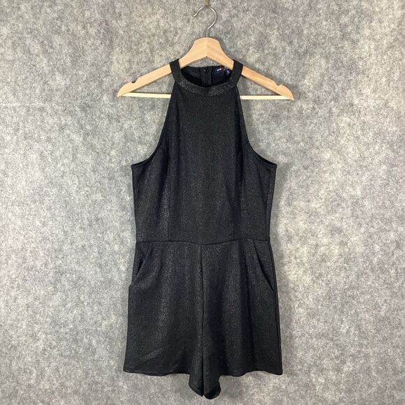 One Clothing Shimmer Sparkle Black Short Sleeveless Halter Romper Pockets Size L - Picture 2 of 14